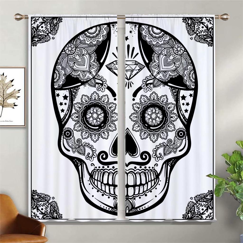 Window Curtains Skull Steal Floral Retro Gothic Print Curtains Suitable For Bedroom Living Room Study Room Decorative Curtains