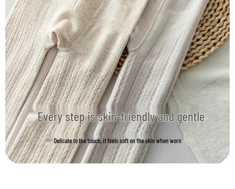 Women's Japanese Retro Cable Knit Fleece-Lined Stirrup Leggings - Autumn/Winter Style White Pantyhose