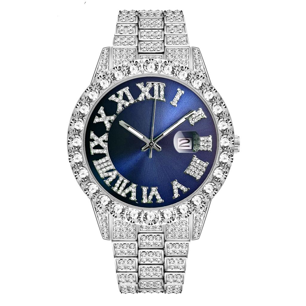 Roman Numerals Diamond-encrusted Men's Watch Trendy Brand Green-faced Large Dial Quartz Watch, One Piece Is Sent On Behalf of Others.