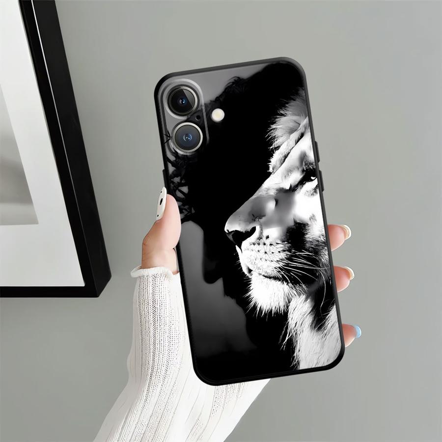 Black Soft Phone Cover Case for iPhone XR 7 8 17Air 15 16 14 Plus XS Max 13 12 11 17 Pro Max Animal Lion Pattern