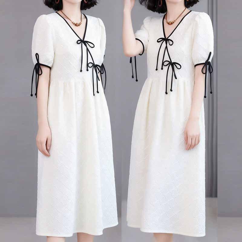 Women s Summer Qipao: Retro French Style, Puff Sleeve, High Waist Midi Dress L бежевый