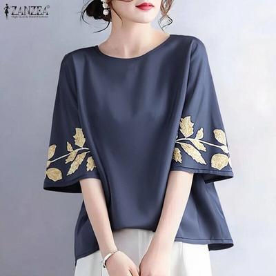 Women Casual Round Neck Loose Print 3/4 Sleeve Blouse