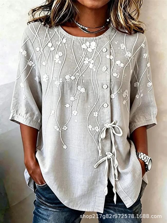 European and American summer new women's tops, shirts, geometric printing buttons, drawstrings, half-sleeved tops, T-shirts, women's clothing