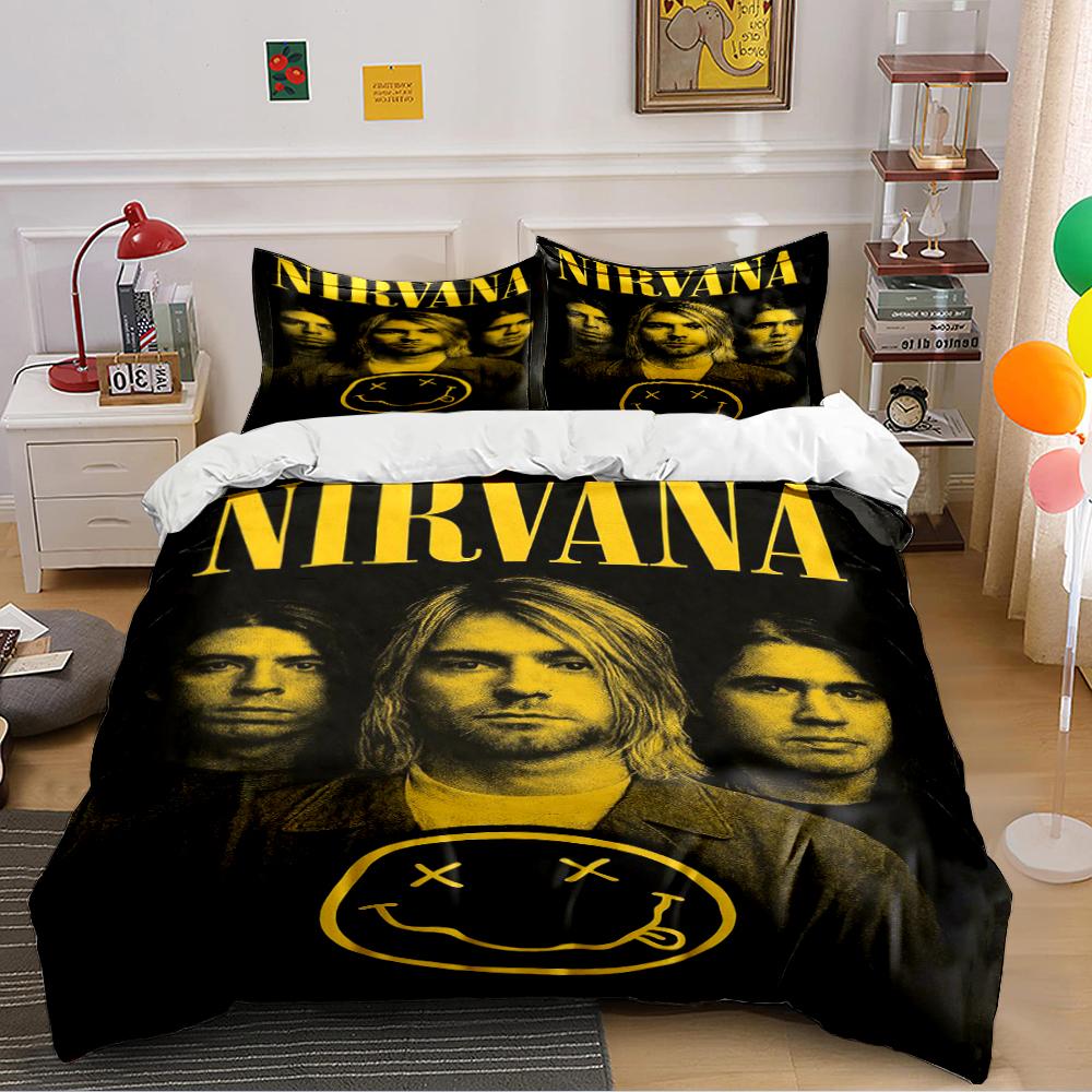 Set Biancheria da Letto Stampato Banda Nirvana Set Biancheria da Letto Nero (1 copripiumino, 2 federe, piumino non incluso)