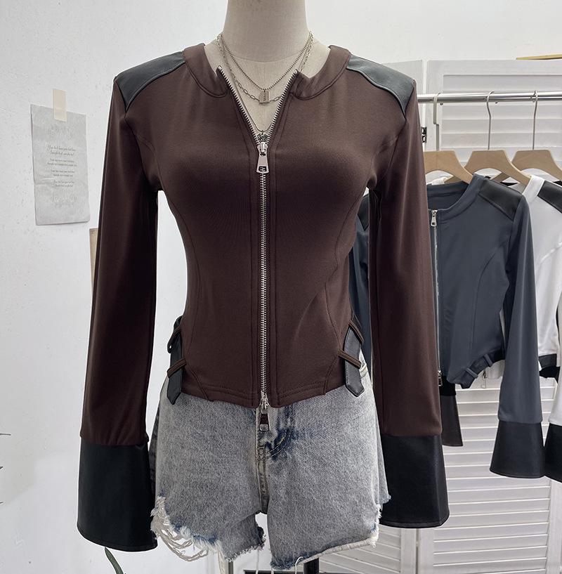 

Autumn PU Leather Patchwork Long Sleeve Zipper Cardigan Fleece Top 2797 One Size кофейный