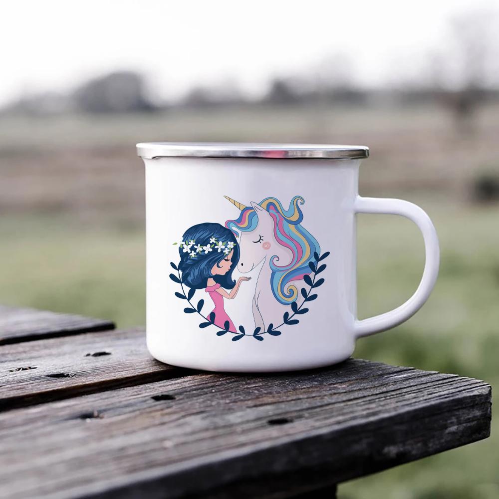 Girl and Unicorn Enamel Cup Drinkware Mugs Coffee Cups Tourist Mug Kawaii Unusual Tea Cup Personalized Gift Cupshe Beer Travel