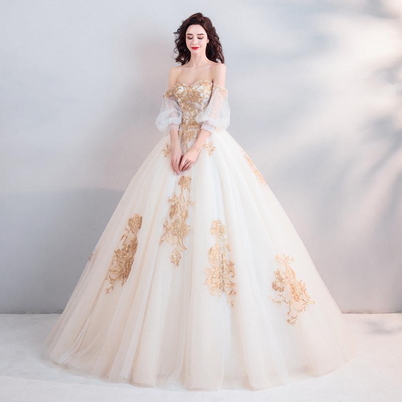 Palace Style Golden Three-dimensional Embroidery Bride Perspective Long-sleeved Wedding Dress