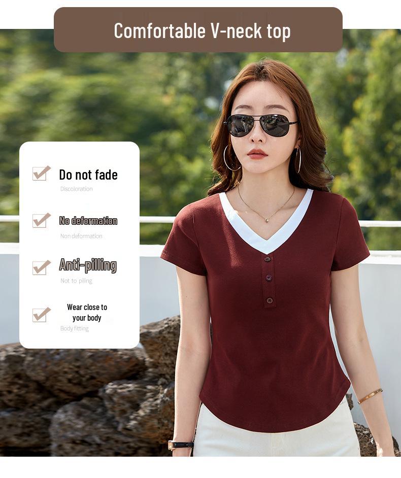 2026 Summer Women's Stylish V-neck Color Block Slim Fit Short-Sleeve Fake Two-Piece Top