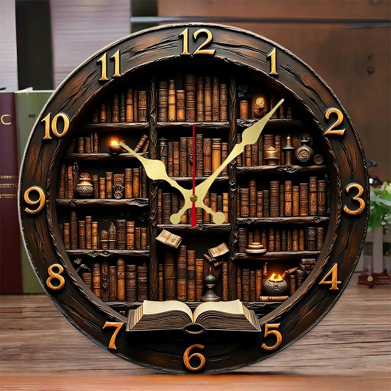 Library Nook Style Wooden Round Silent Hanging Wall Clock, Suitable For Living Room, Office, Study Room,Bedroom, Home Decoration