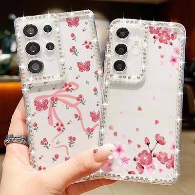 Diamantrahmen Transparente Hülle Für Samsung S25 Ultra S24 FE S23 S22 A56 A36 A16 A15 A55 A35 Schleife Blumendruck Weiche Silikon Stoßfeste Handyhülle