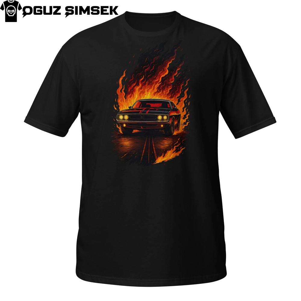 

Flaming Muscle Car T-Shirt | Hot Rod Fire Trail Tee | Classic American Street 2XL
