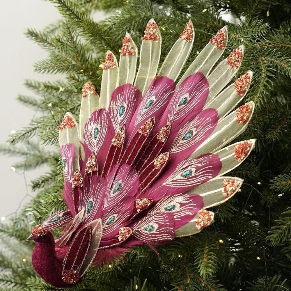 Fabric Feather Peacock Tree Decoration Glitter Accent Peacock Figurine Clip  Holiday Branch Decor