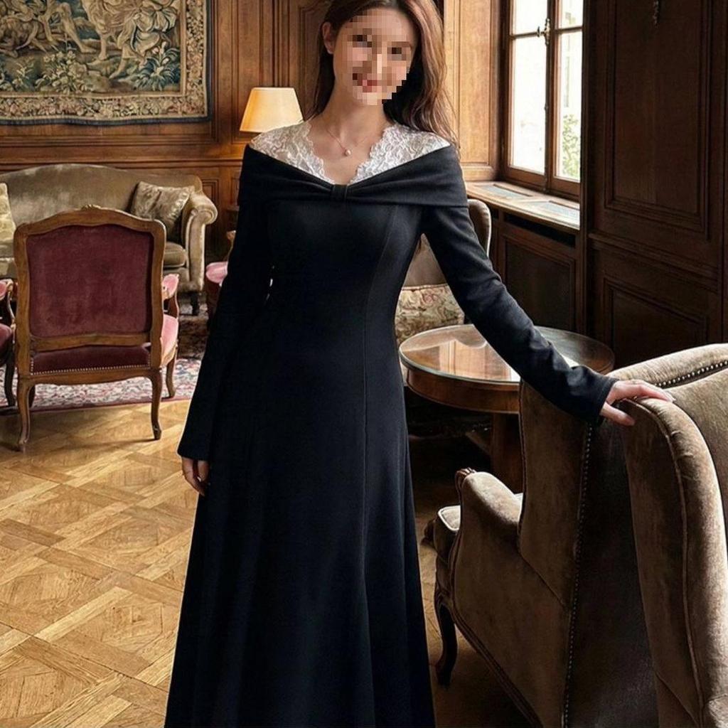 Women's Retro Cross Lace Patchwork V-Neck A-Line Dress - Autumn Winter Slim High-Waisted Design