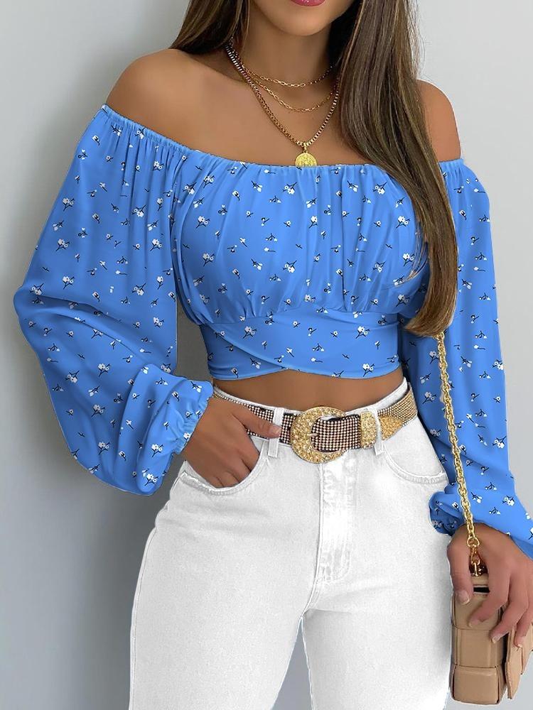 Autumn Women Off Shoulder Crop Top Crossed Back Print Blouse Ruched Lantern Sleeve Casual Lady Outfits Femme