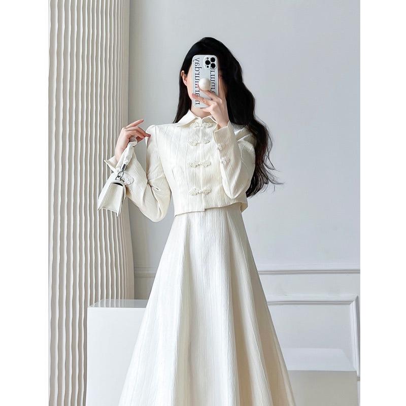 French Chic Two-Piece Qipao Top & Camisole Dress Set for Women - Spring & Autumn High-Waisted Style