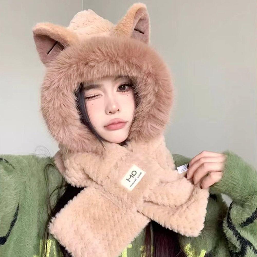 Plush Beanie Hat Scarf Thickening Ear Protection Cap Winter Scarf Set Hooded  Outdoor