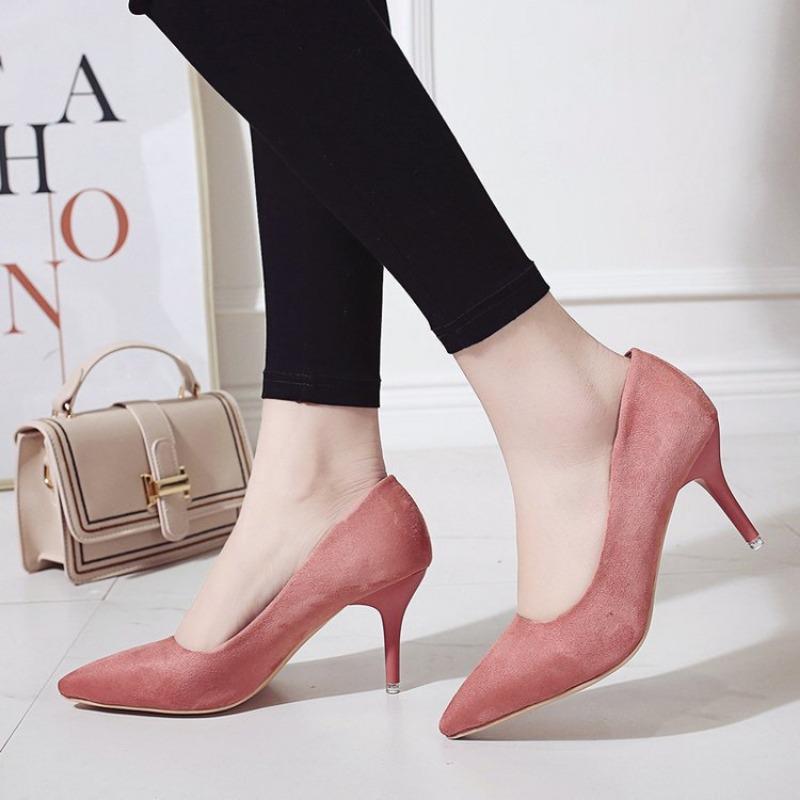 Large Size 45 High Heel Suede High Heels Female Pointy Thin Heel Shallow Mouth Korean Version Pink Single Shoes