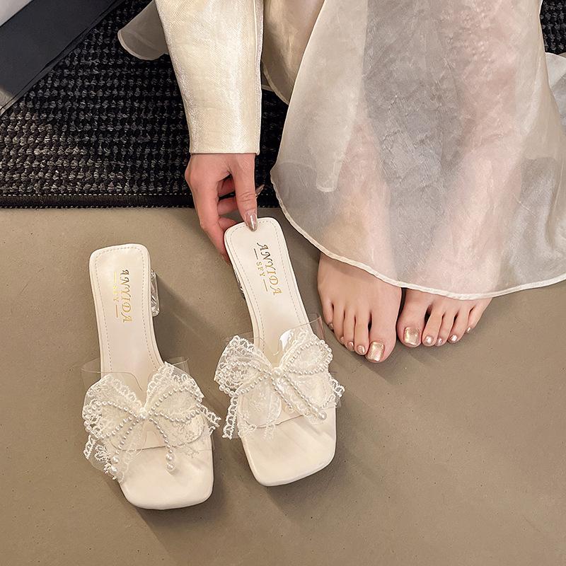2025 summer new Internet celebrity fairy wind transparent word with bow high heel female rhinestone square head empty slippers