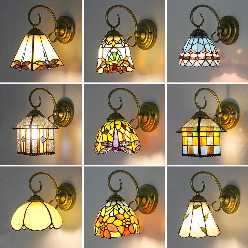 European-style Retro Aisle Corridor Balcony Bedside Glass Wall Lamp Tiffany Stained Glass Pastoral Mirror Front Lighting