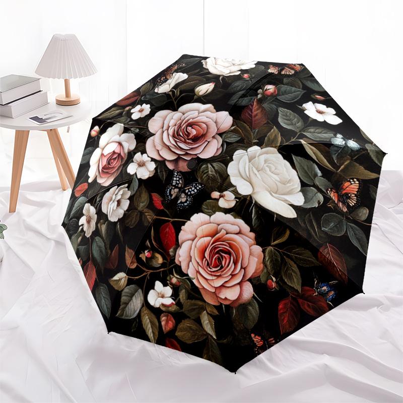 1 PC Automatic Folding Umbrella - Roses and Butterflies Pattern, Portable & Foldable Design with 8 Ribs, Christmas Birthday Gifts