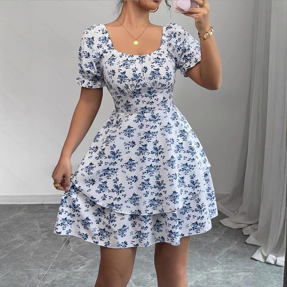 Blaues Blumenkleid Damenbekleidung Großhandel sheintemu Blume Ballonärmel Spitze Großhandel