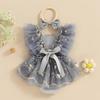 Infant Baby Girls Romper Dress Fly Sleeve Square-Neck Floral Embroidery Tulle Jumpsuit with Bow Headband
