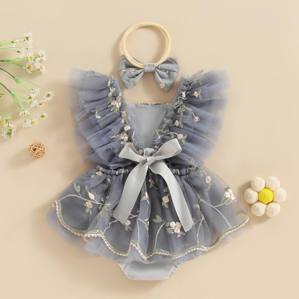 Infant Baby Girls Romper Dress Fly Sleeve Square-Neck Floral Embroidery Tulle Jumpsuit with Bow Headband