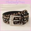 Fashion Leopard Print Pattern Rhinestone Metal Buckle Decoration Women Belt Wide