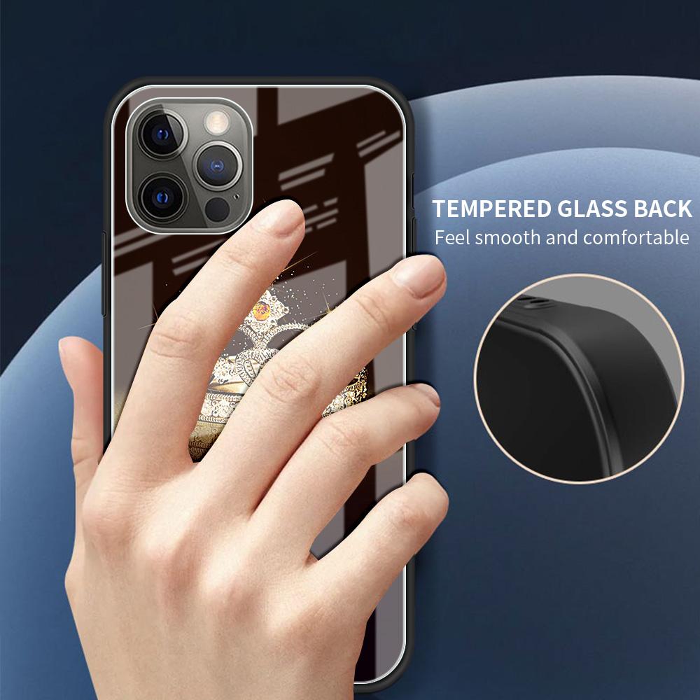 Diamond Crown Printing Glass Case For iPhone 11 13 12 14 Pro XR X XS Max 7 8 6 6S Plus SE 2020 Tempered Black Edge Phone Covers
