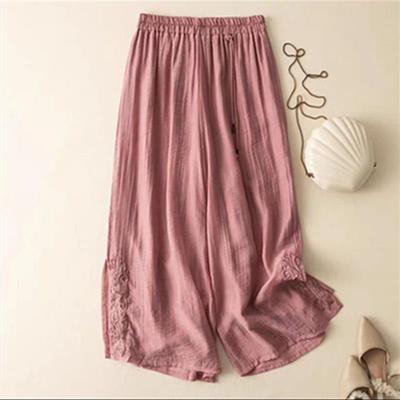 Vintage 9-point Embroidered Cotton Casual Pants New Artistic Pants for Women Summer Elastic and Loose Fit