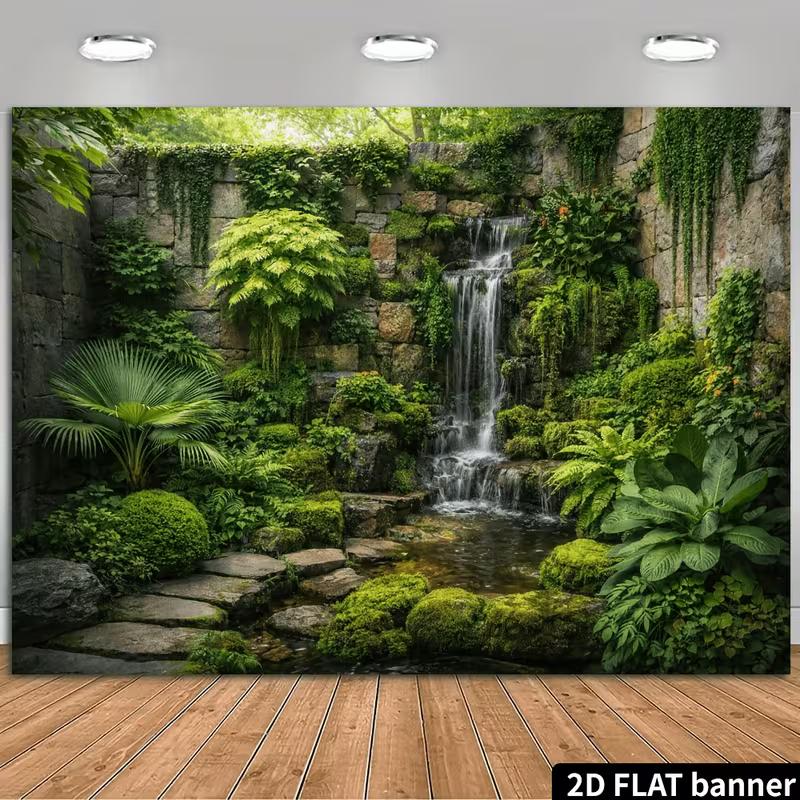 2D Zen Garden Backdrop with Waterfall and Stone Wall Photography Background