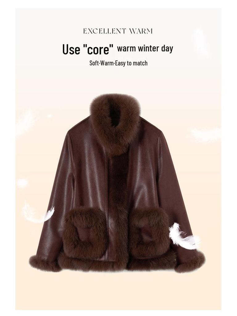 Winter 2024 Women's Young Style Fox Fur Motorcycle Suede Down Jacket YJ6896