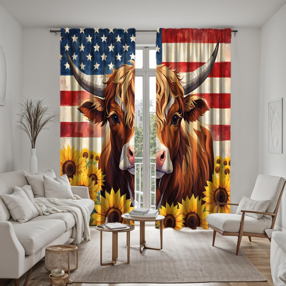 

2 шт. HD Американский флаг Подсолнух Хайленд Корова занавеска Желтая галстук цифровая печать занавеска Стиль домашнего декора Украсьте гостиную W52H63inchW132H160cm