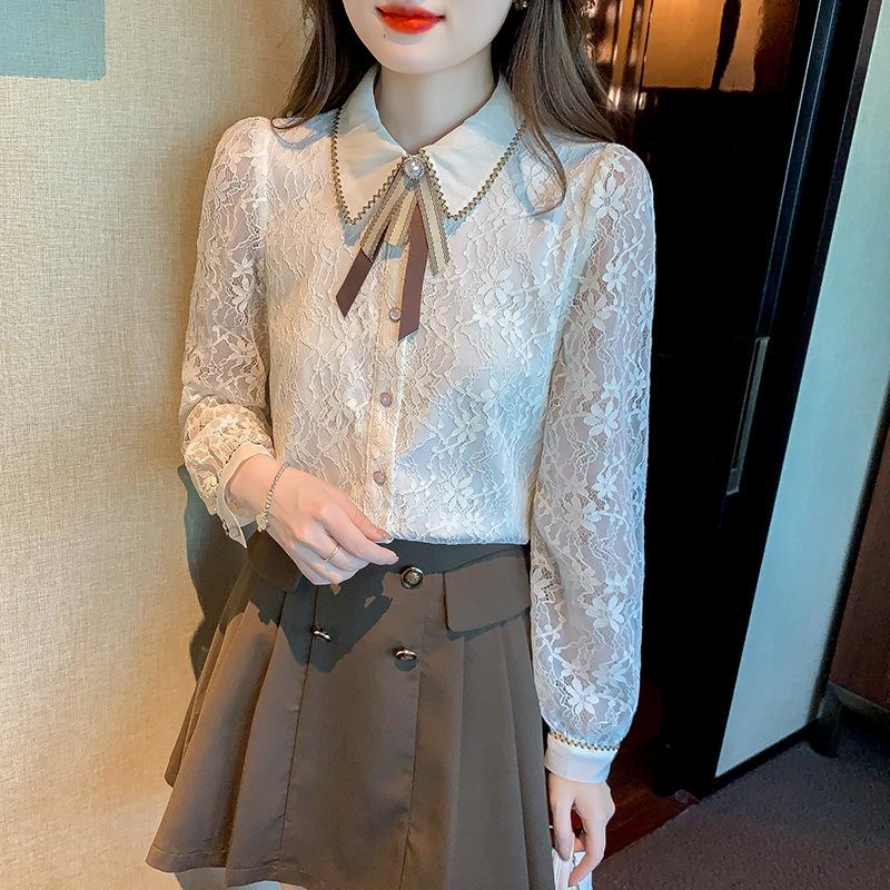 College Style Long-sleeved Shirt for Ladies In Spring New Style, Fashionable Small Fragrance Style Lace Top