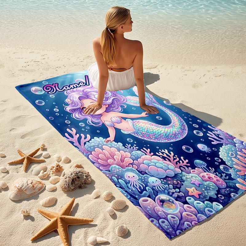 1PC Custom Name Mermaid Fantasy Underwater World Beach Towel Highly Absorbent And Sand-Resistant Towel for Swimming, Pool, Yoga, And Travel Lightweigh