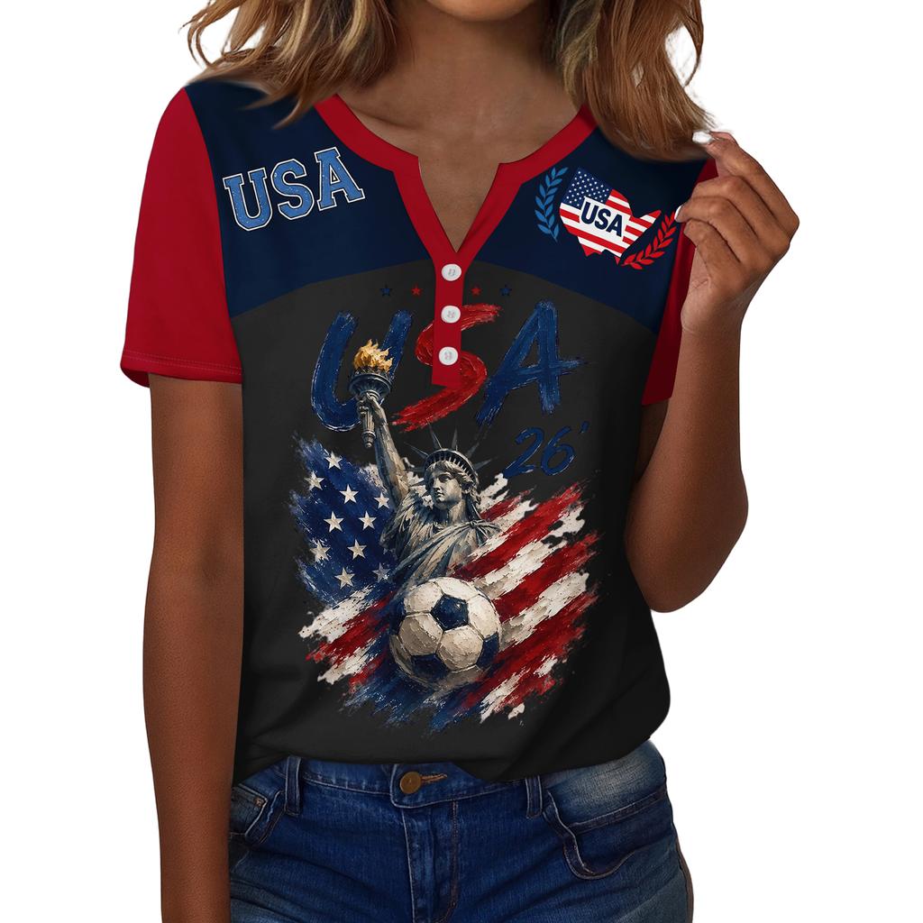 Women's Casual V-Neck Short Sleeve Button Down T-Shirt with Soccer Graphic Print