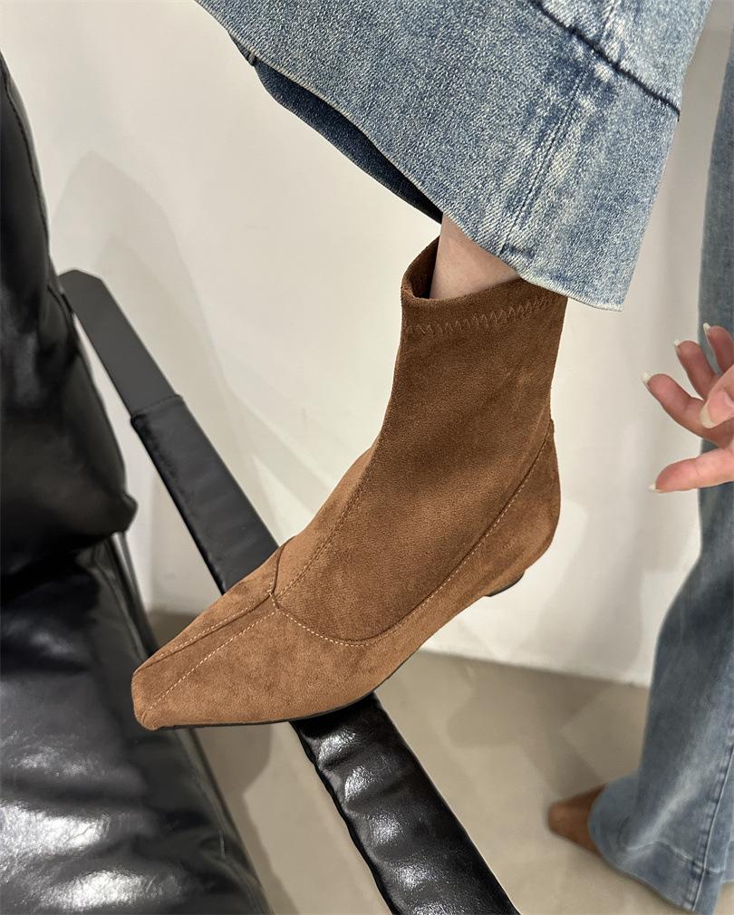 

Главная акция~ 2025 осень новые замшевые эластичные короткие ботильоны на молнии сзади корейская версия необычный каблук квадратный носок тонкие ботинки женские 39 светло-коричневого
