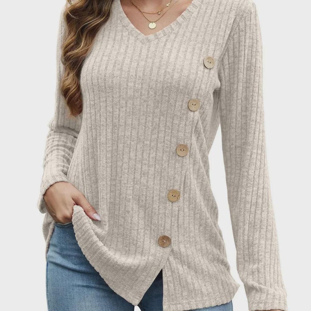 2023 Women's Autumn & Winter V-Neck Button Split Loose Long-Sleeve T-Shirt Top