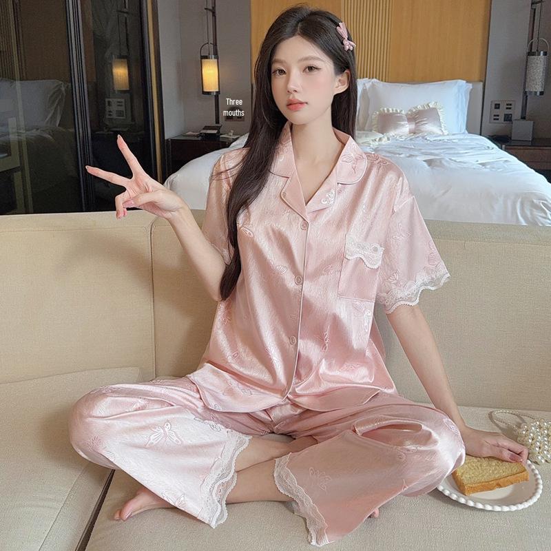 Women's Ice Silk Pajamas - Summer Cute Bear Design, Cartoon Style, Short Sleeve, Long Pants, High-End Feel, Homewear