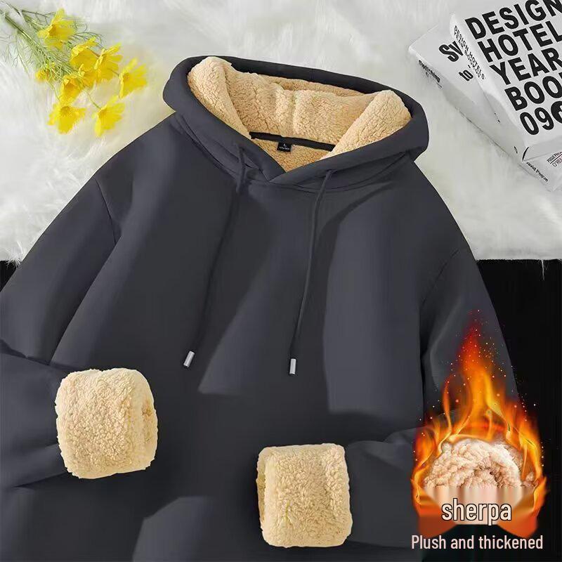 

Men s Trendy Lambswool Fleece Hoodie - Winter Warm Solid Color Pullover 2XL темно-сірий