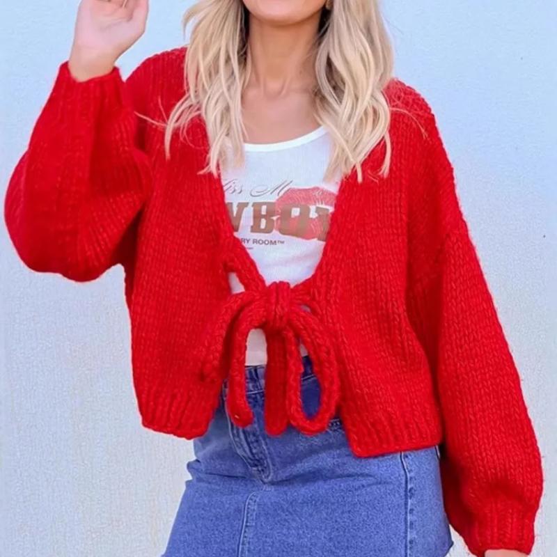 

Женский вязаный кардиган, свитер, пальто, осень-зима 2025, с длинным рукавом, однотонный, на шнуровке, застежка на пуговицах, трикотаж, женская верхняя одежда, куртка XL красный