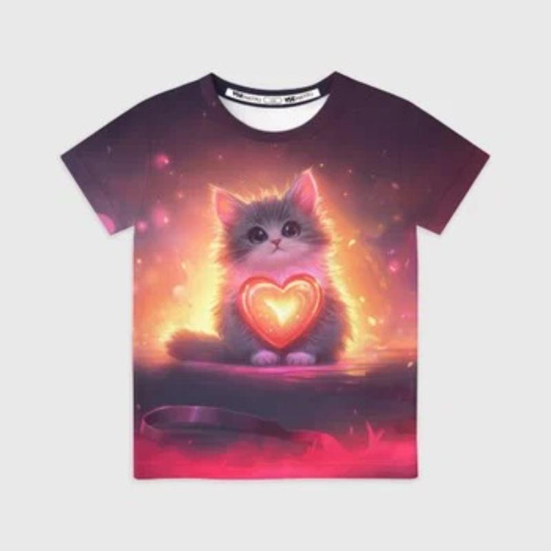 Children's Cartoon Kitten Print Cute Multi-color T-shirts Girls Fashionable Soft Comfortable T-shirt