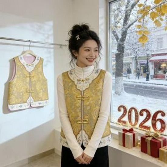 

2026 Spring Jacquard Vest for Middle-aged Women: Versatile Chinese-Style Frog Button Sleeveless Jacket 3XL золотий