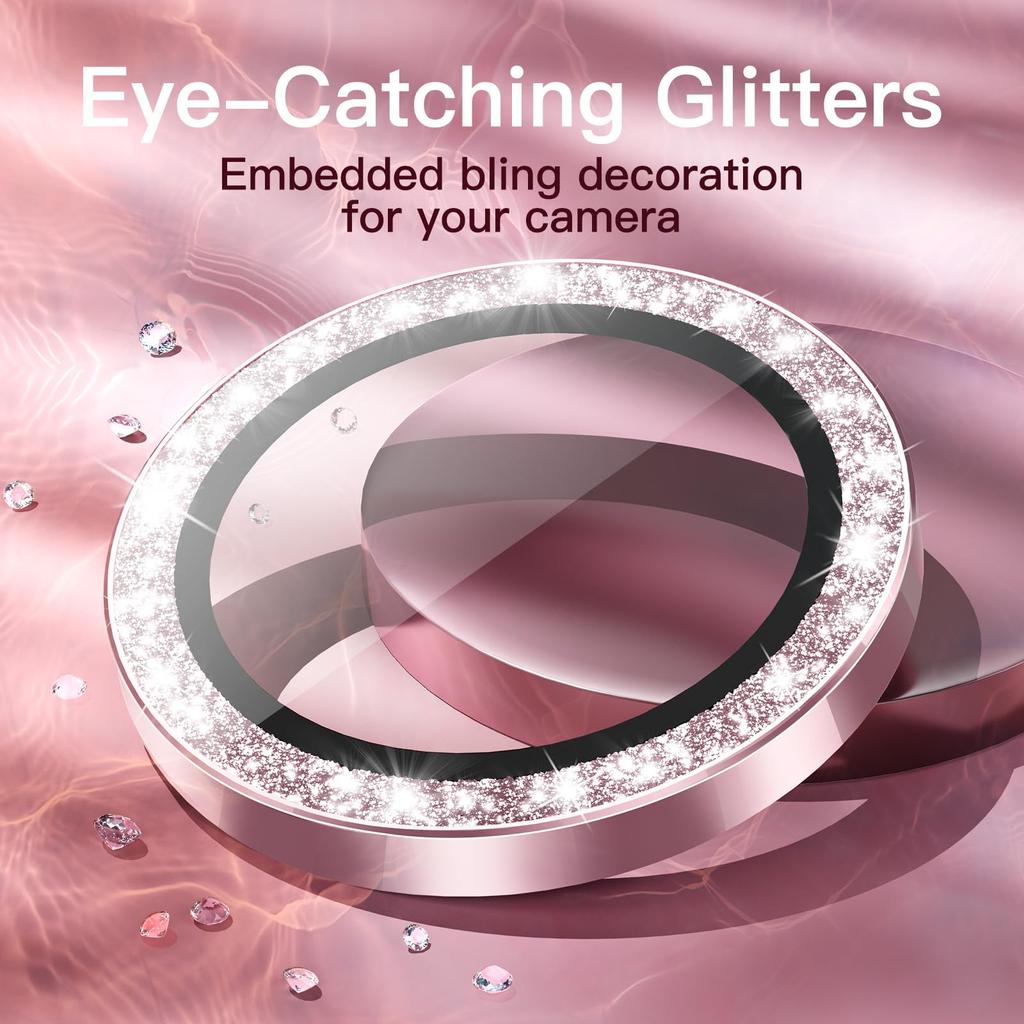 JEDirect iPhone 15 15 Plus Inch Camera Lens Film Glitter Shiny Individual 9H Tempered Glass Metal Ring Cover HD Clear 1 Set 6.1 inch/iPhone 6.7 (Pink)