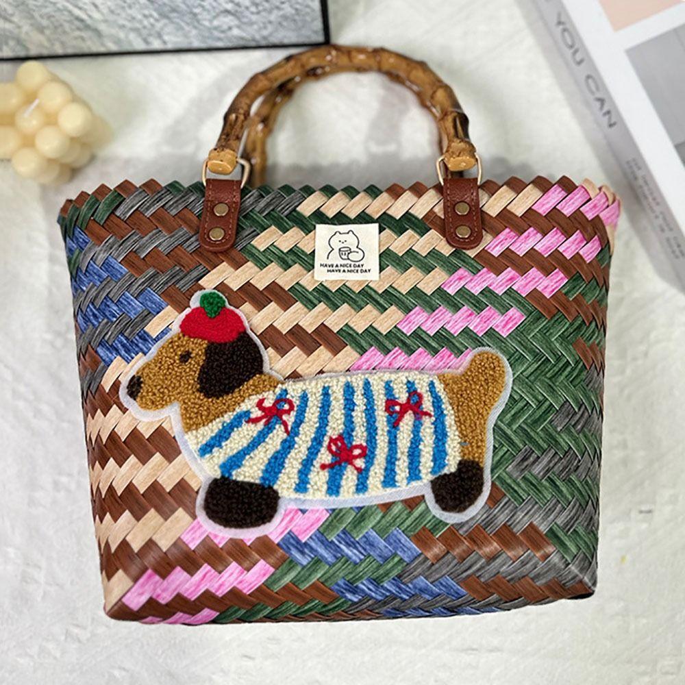 Casual PP Woven Handbags Stripe Woven Straw Bag Large Capacity Bamboo Handle Weaving Basket Female