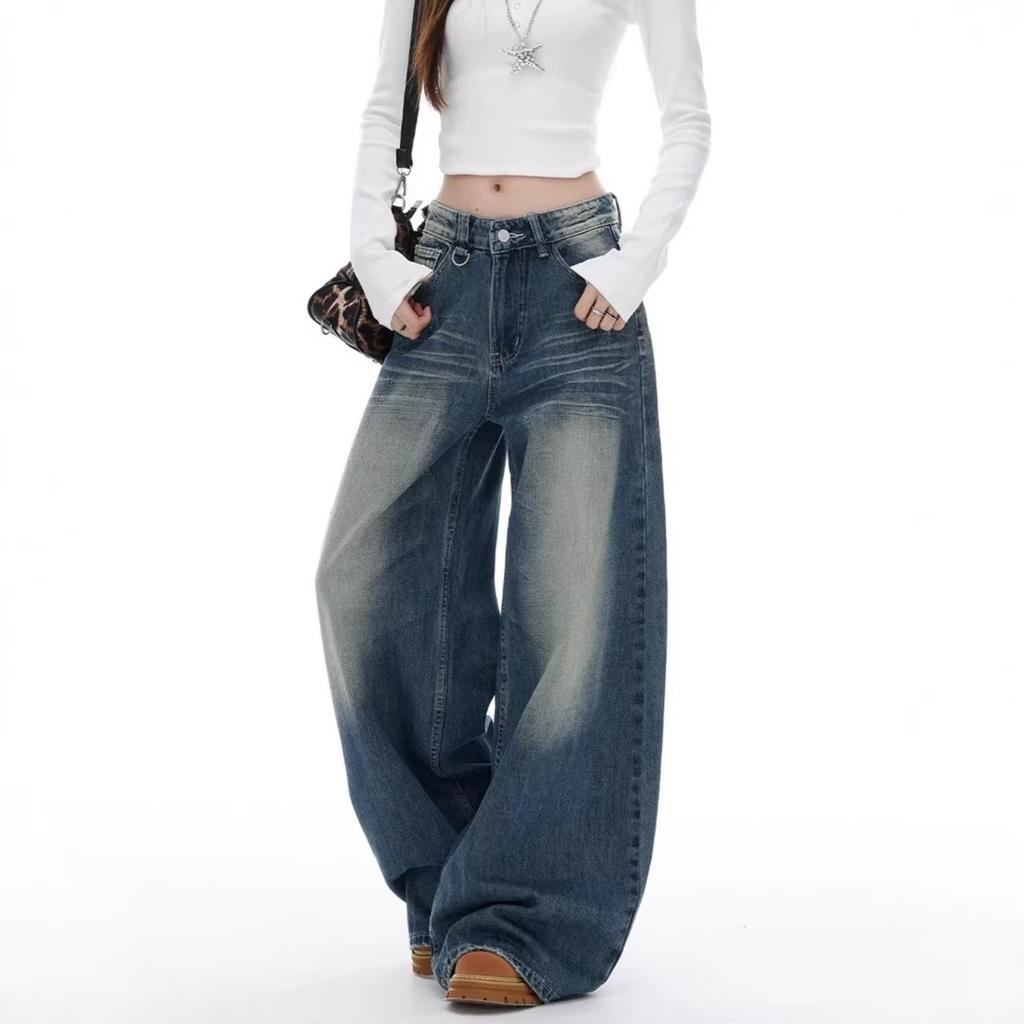 Women's Low Waist Wide Leg Jeans Loose Fit Casual Vintage Straight Denim Pants