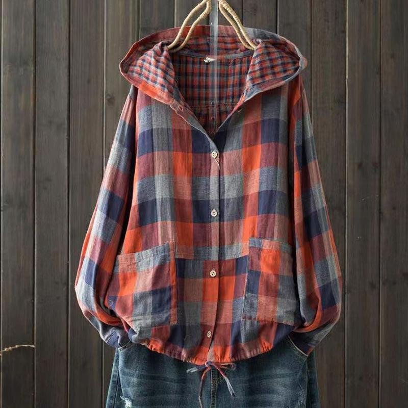 Women's Hooded Double-layer Cotton Yarn Plaid Shirt   Literary Retro Casual Cardigan Top Jacket