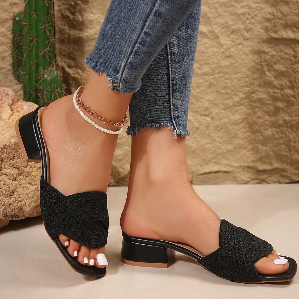 Fashion Fashion Summer Women Colorblock Braided Chunky Heeled Sandals Going Out Female Beach Shoes Korean Style High Heels Slippers