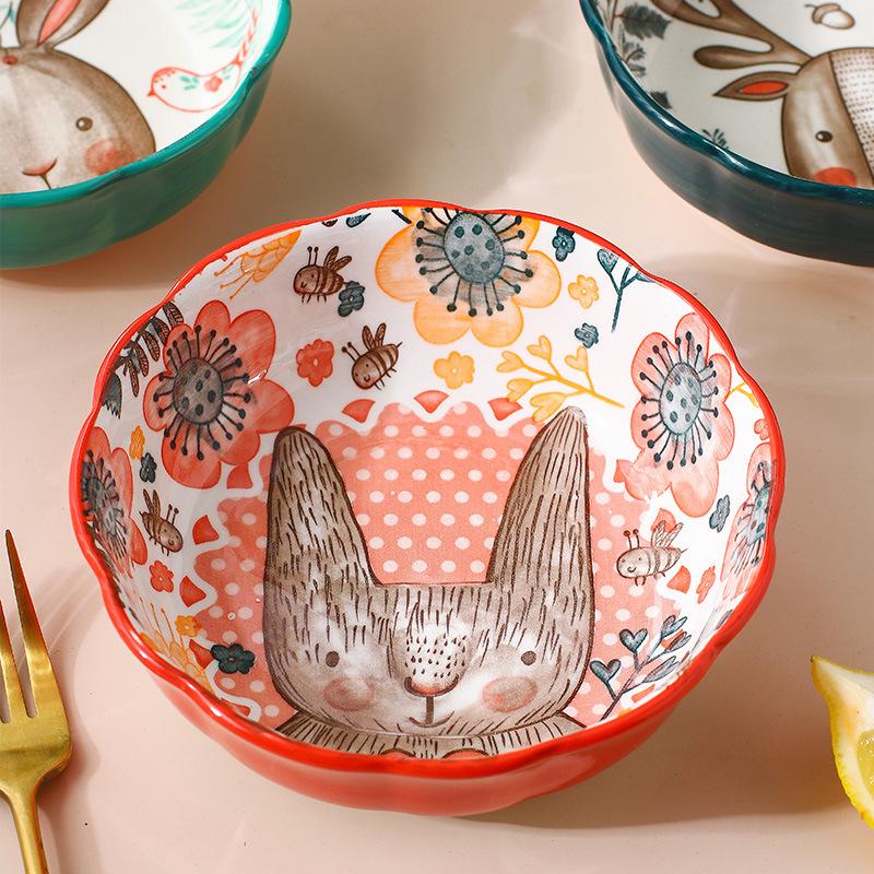 Direct Supply Underglaze Cartoon Ceramic Bowl Dessert Fruit Salad Bowl Microwave Oven Baked Rice Bowl Pet Bowl Household