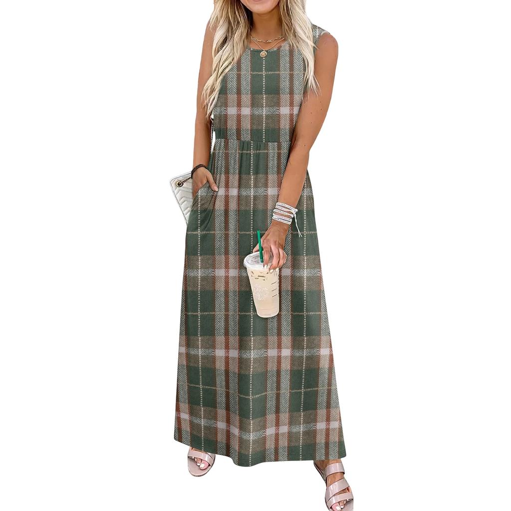 Ladies' Plaid Printed Casual and Fashionable Waist Cinched Sleeveless Dress